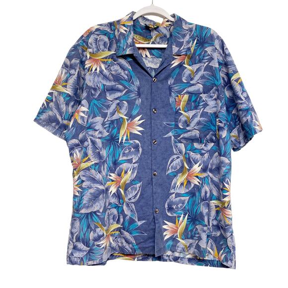 Vintage Hawaii Blues Mens Size XL  Tropical Floral Print Short Sleeve Button Up - Picture 1 of 6